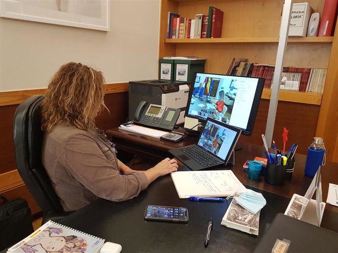 La consejera de Presidencia, Mayte Pérez,en la reunión con representantes de los ejecutivos autonómicos y las patronales.