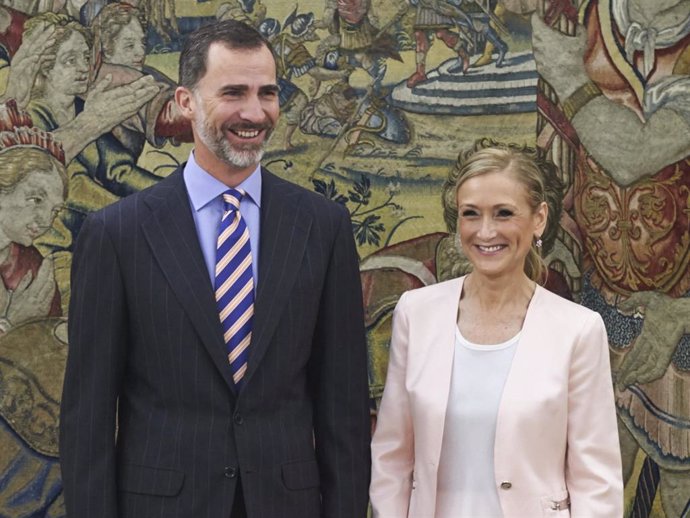 King Felipe VI of Spain receives President of Madrid Community Cristina Cifuentes (R) at the Zarzuela Palace on July 3, 2015 in Madrid, Spain.