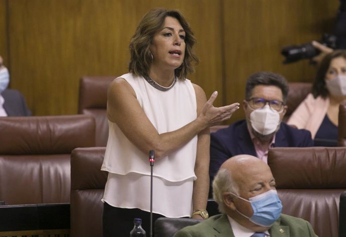 La secretaria general del PSOE-A, Susana Díaz, durante su intervención la sesión de control al gobierno con preguntas al presidente. En Sevilla (Andalucía, España), a 23 de julio de 2020.