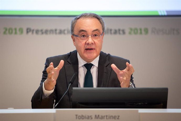 El consejero delegado de Cellnex Telecom, Tobías Martínez, en la rueda de prensa en febrero para presentar los resultados del año 2019