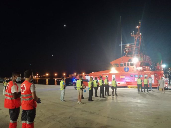 Los 31 migrantes detenidos en Palma a su llegada al puerto.