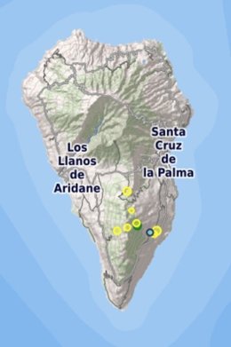 Localización de los terremotos registrados en el volcán de Cumbre Vieja, en la isla de La Palma