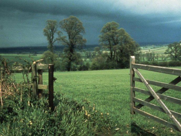 A country scene taken against a stormy sky.