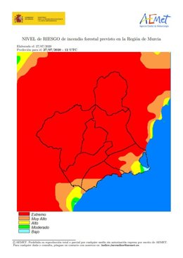 Riesgo forestal en la Región de Murcia el 27 de julio de 2020