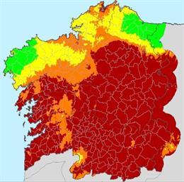 Mapa del índice de riesgo diario de incendio forestal (IRDI) en Galicia del lunes 27 de julio de 2020.