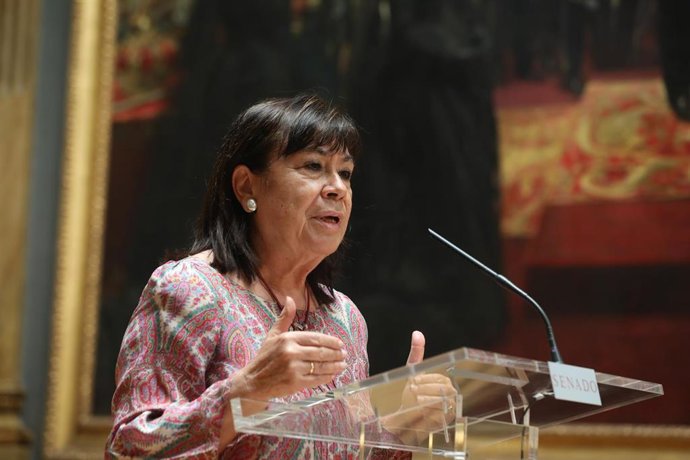 La vicepresidenta primera del Senado, Cristina Narbona, durante la rueda de prensa tras la reunión de la Mesa del Senado, en Madrid (España), a 7 de julio de 2020.
