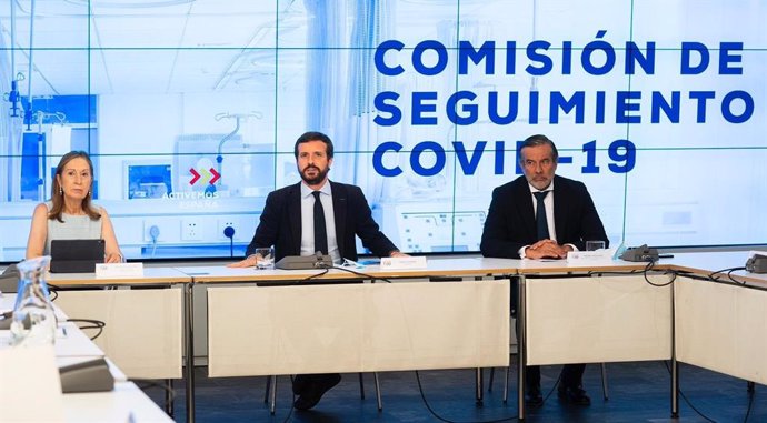 El líder del PP, Pablo Casado, preside la Comisión de Seguimiento del Covid-19 del PP con cargos de su partido. En Madrid, a 27 de julio de 2020.