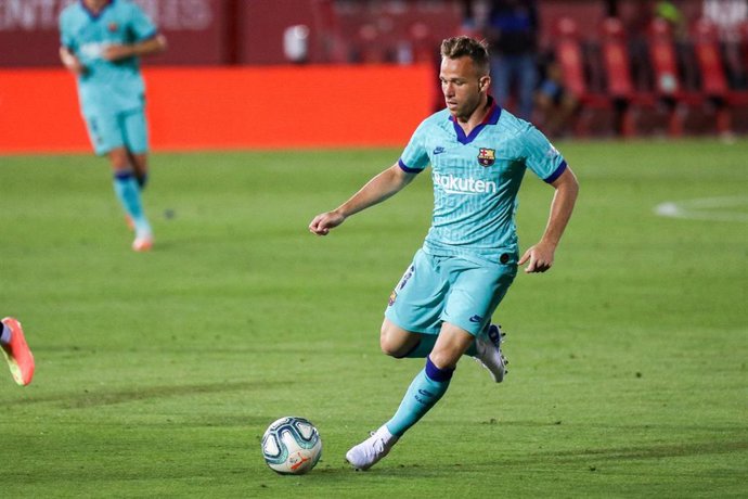 Arthur Henrique Ramos of FC Barcelona in action during the spanish league, LaLiga, football match played between RCD Mallorca and FC Barcelona at Son Moix Stadium in the restart of the Primera Division tournament after to the coronavirus COVID19