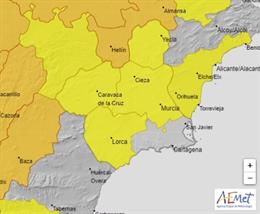 Mapa de la AEMET con aviso amarillo en la Región por altas temperaturas