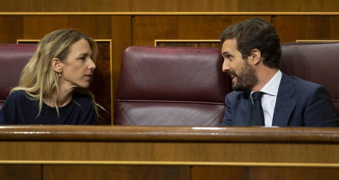 El president del Partit Popular, Pablo Casado, i la portaveu del Grup Popular al Congrés, Cayetana Álvarez de Toledo, durant una sessió plenria a la cambra baixa. Madrid (Espanya), 17 de juny del 2020.