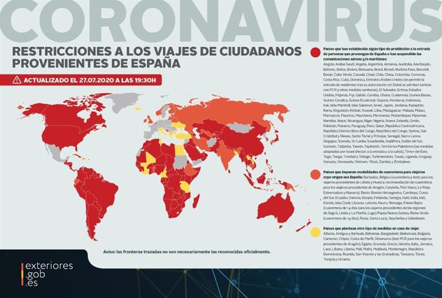Coronavirus.- Un total de 109 países siguen prohibiendo la entrada de españoles 