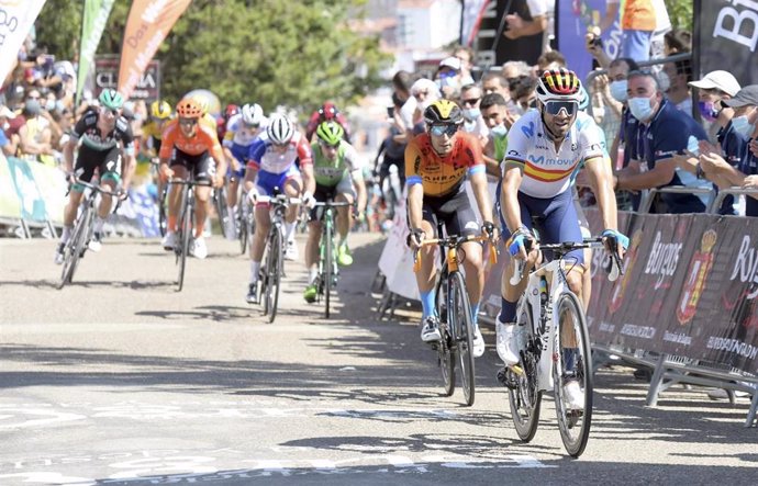 El ciclista español Alejandro Valverde (Movistar Team) a su llegada a meta en la primera etapa de la Vuelta a Burgos 2020