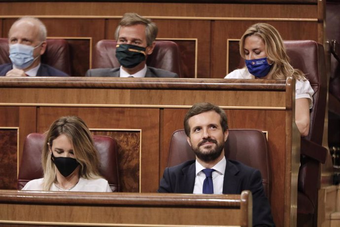 El líder del PP, Pablo Casado, y la portavoz parlamentaria del PP, Cayetana Álvarez de Toledo, durante una sesión plenaria celebrada en el Pleno del Congreso. En Madrid (España), a 22 de julio de 2020. 