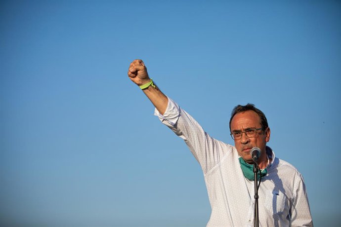 L'exconseller Josep Rull intervé en la compareixena dels presos de l'1-O abans de tornar a ingressar a la presó de Sant Joan de Vilatorrada. Barcelona, Catalunya (Espanya), 28 de juliol del 2020.