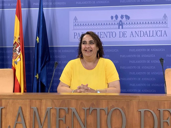 La portavoz adjunta del grupo parlamentario de Adelante Andalucía, Ángela Aguilera, en rueda de prensa este miércoles