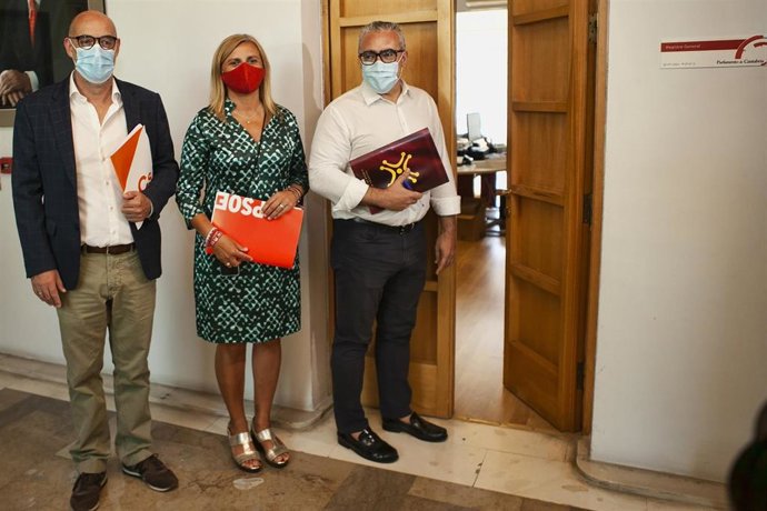 Los portavoces parlamentarios del PRC, Pedro Hernando; PSOE, Noelia Cobo; y Cs, Félix Álvarez, en el registro de enmiendas a la ley LGTBI