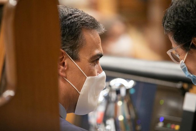 HANDOUT - 29 July 2020, Spain, Madrid: Spanish Prime Minister Pedro Sanchez attends a plenary session of the Spanish Congress of Deputies on the post-COVID-19