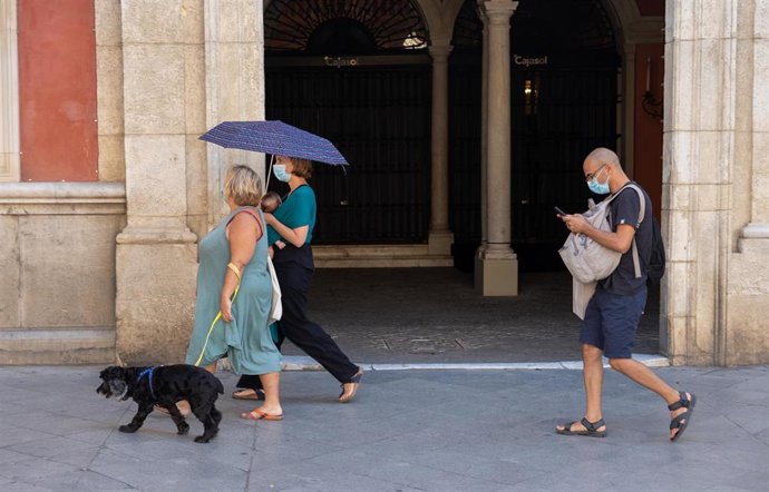 Unos turistas por el centro de Sevilla  en el primer día  de uso obligatorio de mascarillas en Sevilla a 15 de julio del 2020