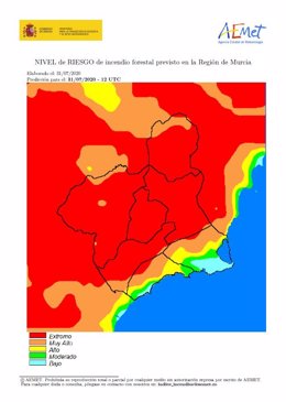 El nivel de riesgo de incendio forestal este viernes es extremo en toda la Región, excepto el litoral