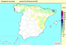 Precipitaciones acumuladas desde el pasado 1 de octubre de 2019 hasta el 28 de julio de 2020