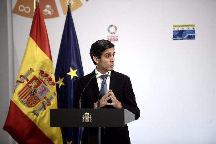 El presidente ejecutivo de Telefónica, José María Álvarez-Pallete, durante la presentación de la agenda 'España Digital 2025 en Moncloa, Madrid (España), a 23 de julio de 2020.