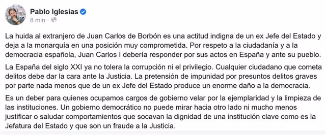 Comunicado de Pablo Iglesias sobre la marcha de Juan Carlos I