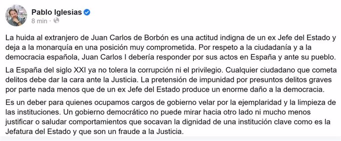 Iglesias ve "indigna" la "huida" de Juan Carlos I y dice que el Gobierno "no pue