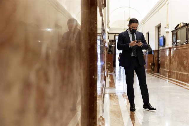 El presidente de Vox, Santiago Abascal, consulta su teléfono móvil.