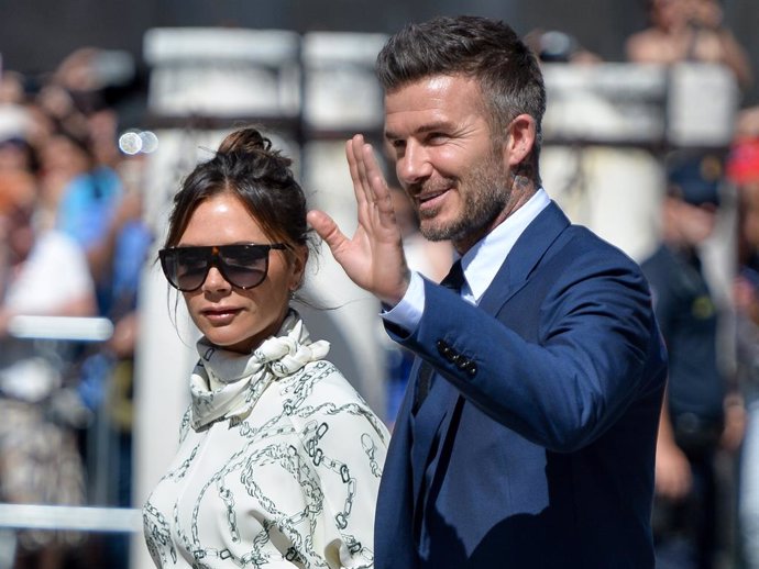 David Beckham and wife Victoria Beckham attend the wedding of real Madrid football player Sergio Ramos and Tv presenter Pilar Rubio at Seville's Cathedral on June 15, 2019 in Seville, Spain.