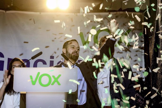 El presidente de Vox, Santiago Abascal, en la noche electoral del 28A