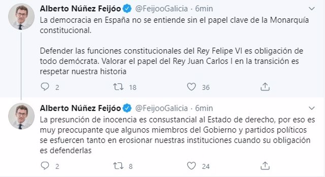 Mensaje publicado por el presidente de la Xunta, Alberto Núñez Feijóo, sobre el rey emérito Juan Carlos I en su perfil de la red social Twitter