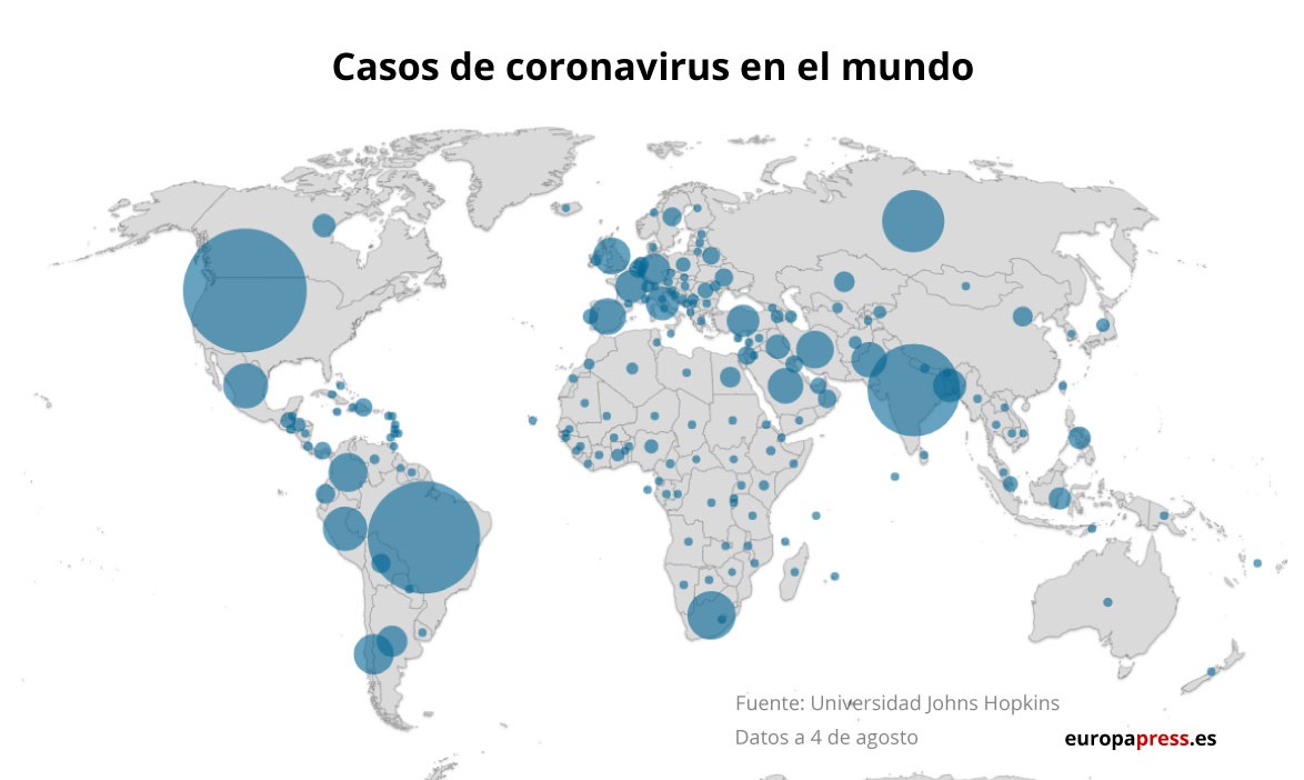 Mapa con casos de coronavirus en el mundo a 4 de agosto