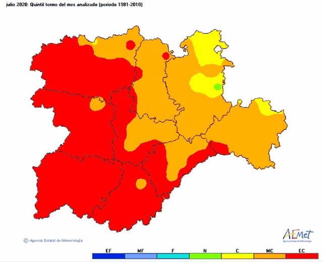 Mapa elaborado por la Aemet sobre las temperaturas registradas en julio de 2020 en Castilla y León