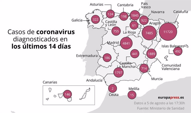 Mapa con casos de coronavirus detectados en los últimos 14 días a 5 de agosto