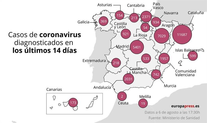 Mapa con casos de coronavirus a 6 de agosto