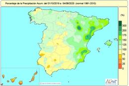 Las lluvias acumuladas hasta el 4 de agosto en lo que va de año hidrológico en España superan en un 14% el valor medio normal.