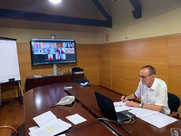 Miquel Pueyo en la reunión telemática con alcaldes sobre la petición del Estado de remanentes a los consistorios