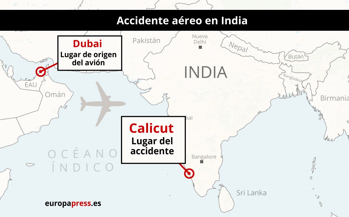 Mapa con la localización del accidente aéreo en Calicut (India)