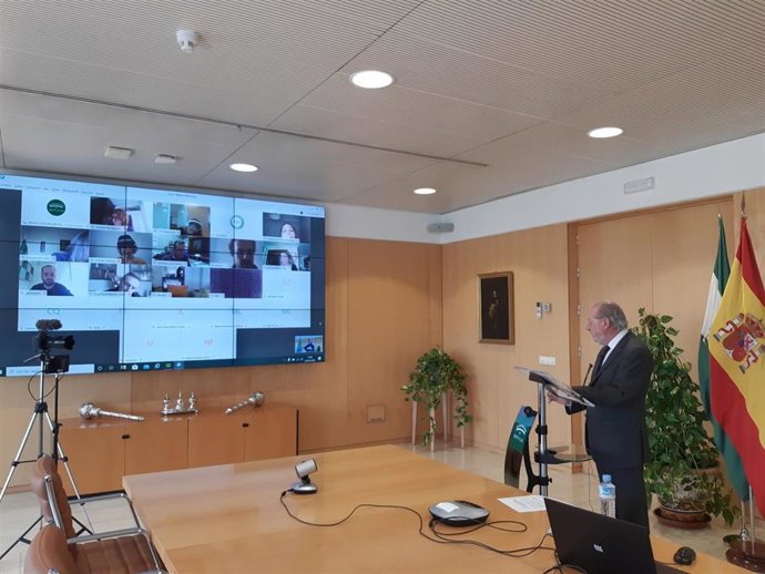 El presidente de la Diputación de Sevilla, Fernando Rodríguez Villalobos, en una videoconferencia durante la pandemia