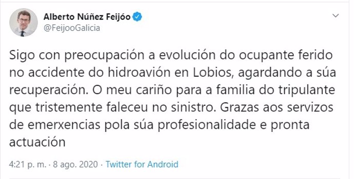Imagen del mensaje publicado por el presidente de la Xunta en funciones, Alberto Núñez Feijóo, en su perfil de Twitter