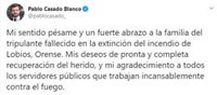 Casado traslada su pésame a la familia del piloto fallecido en Lobios y agradece el trabajo de los servidores públicos