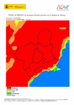 El nivel de riesgo de incendio forestal previsto para este domino es extremo en casi toda la Región de Murcia