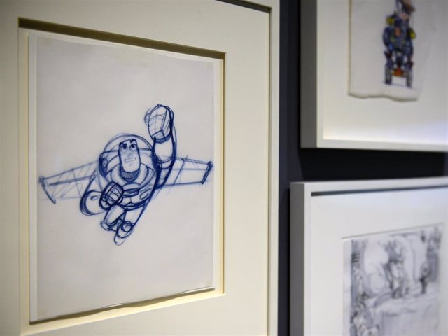 A drawing of Buzz Lightyear from Toy Story film sit on display at 'Pixar, 25 years of Animation' exhibition on November 14, 2013 in Paris, France. The Art Ludique Museum will open its doors on November 16 with the Pixar exhibition.