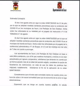 Carta de los ayuntamientos de Pedrajas e Iscar a la consejera de Sanidad.
