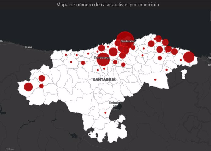 Mapa de casos activos en Cantabria