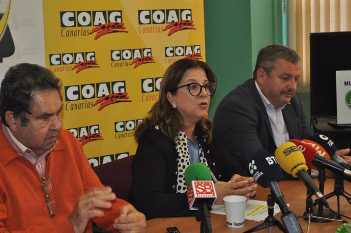 Mario Escuela, Ángela Delgado y Rafael Hernández, de UPA, Asaga y Coag, respectivamente, en una rueda de prensa para informar sobre la manifestación en defensa del sector primario