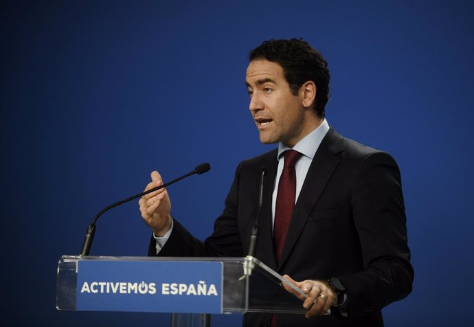 El secretari general del Partit Popular, Teodoro García Egea, intervé durant una roda de premsa després de la reunió del Comit de direcció del PP a la seva seu al carrer Gnova, Madrid (Espanya), a 23 de juliol de 2020.