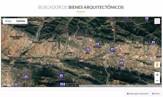 Visualización cartográfica de los resultados de una búsqueda iglesias románicas en el entorno de Jaca en la web del SIPCA.