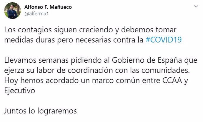 Imagen del tuit publicado este viernes por el presidente de la Junta de Castilla y León, Alfonso Fernández Mañueco.