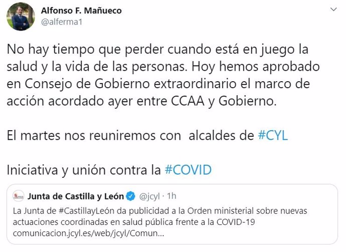 Tuit del presidente de la Junta de Castilla y León, Alfonso Fernández Mañueco.
